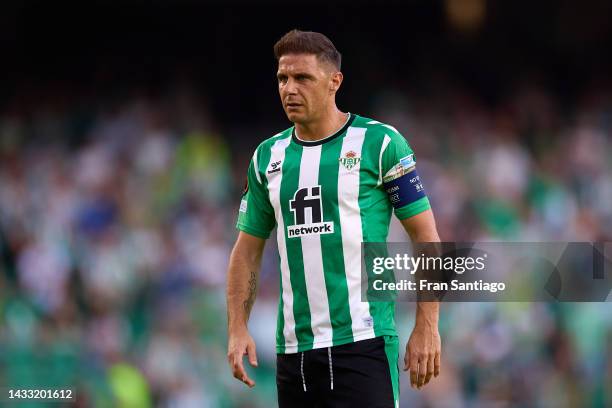 Joaquín Sanchez of Real Betis in looks on during the UEFA Europa League group C match between Real Betis and AS Roma at Estadio Benito Villamarin on...