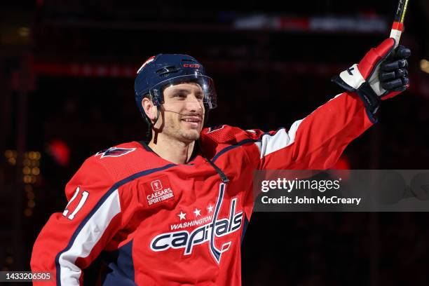 Garnet Hathaway of the Washington Capitals is announced during opening night introductions just prior to a game against the Boston Bruins at Capital...