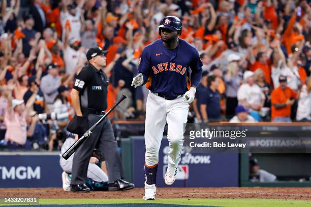 Yordan Alvarez of the Houston Astros hits a two-run home run against the Seattle Mariners during the sixth inning in game two of the American League...