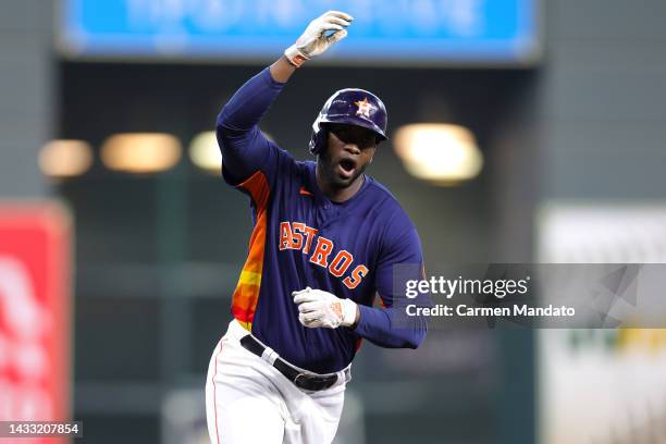 Yordan Alvarez of the Houston Astros runs the bases after hitting a two-run home run against the Seattle Mariners during the sixth inning in game two...