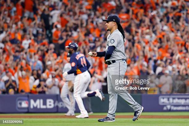 Luis Castillo of the Seattle Mariners looks on after a home run is hit by Yordan Alvarez of the Houston Astros during the sixth inning in game two of...