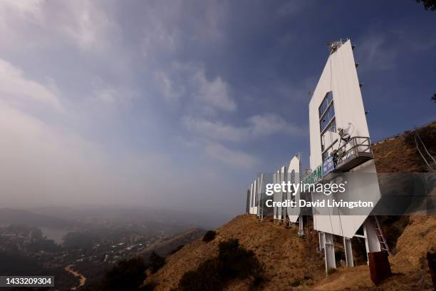 The Hollywood Sign gets repainted ahead of its 100th Anniversary on October 13, 2022 in Hollywood, California.