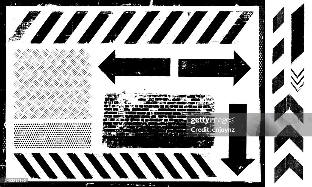 Black Grunge Industrial City Muster, Pfeile, Texturen und Designelemente