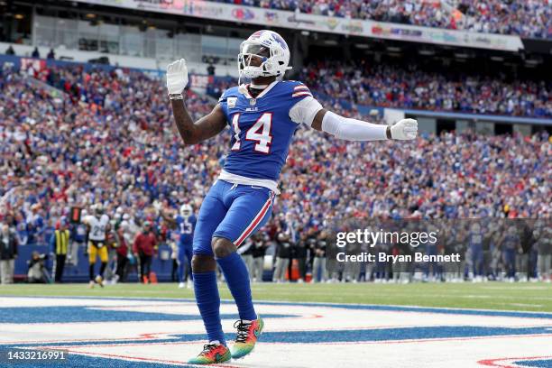 Stefon Diggs of the Buffalo Bills reacts after scoring a touchdown during the second quarter against the Pittsburgh Steelers at Highmark Stadium on...