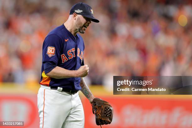 Ryan Pressly of the Houston Astros celebrates after defeating the Seattle Mariners in game two of the American League Division Series at Minute Maid...