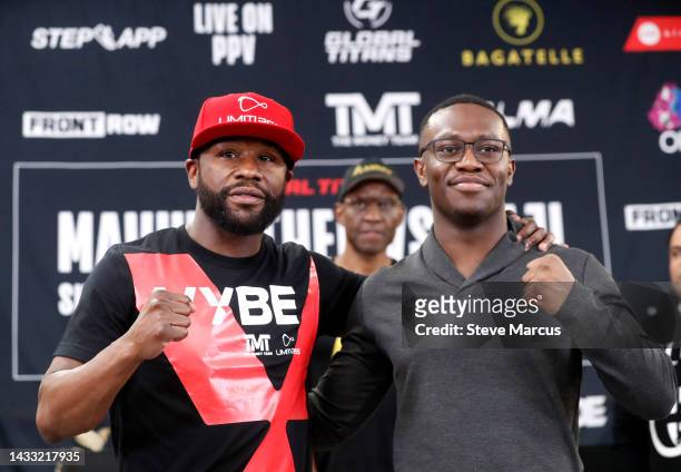 Floyd Mayweather Jr. And Deji Olatunji pose during a news conference at the Mayweather Boxing Club on October 13, 2022 in Las Vegas, Nevada....