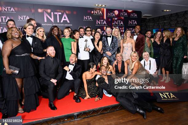 The cast and crew 'Strictly Come Dancing' with the Best Talent Show award in the winners' room at the National Television Awards 2022 at OVO Arena...