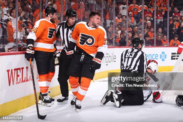 Tony DeAngelo of the Philadelphia Flyers reacts after fighting with Nathan Bastian of the New Jersey Devils during the first period at Wells Fargo...