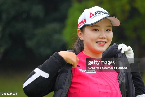 Yuting Seki of China smiles on the 2nd hole during the first round of the Fujitsu Ladies at Tokyu Seven Hundred Club on October 14, 2022 in Chiba,...