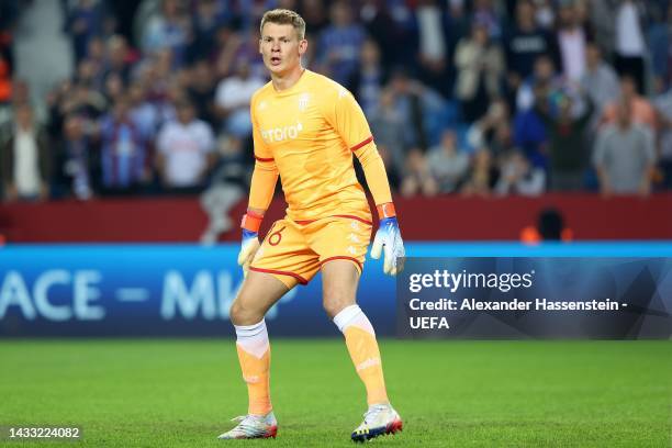 Alexander Nübel of Monaco looks o during the UEFA Europa League group H match between Trabzonspor and AS Monaco at Senol Gunes Stadium on October 13,...