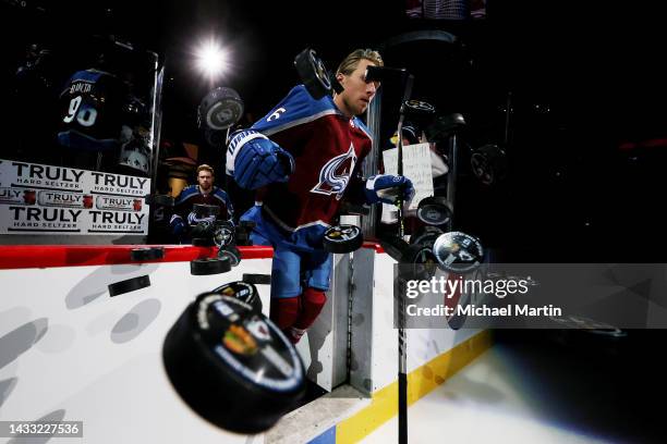 Erik Johnson of the Colorado Avalanche takes to the ice prior to the game against the Chicago Blackhawks at Ball Arena on October 12, 2022 in Denver,...