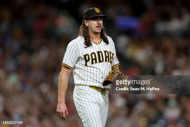 Mike Clevinger of the San Diego Padres looks on during a game against the St. Louis Cardinals at PETCO Park on September 20, 2022 in San Diego,...