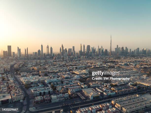 drone photo of the urban landscape in dubai - dubai frame foto e immagini stock