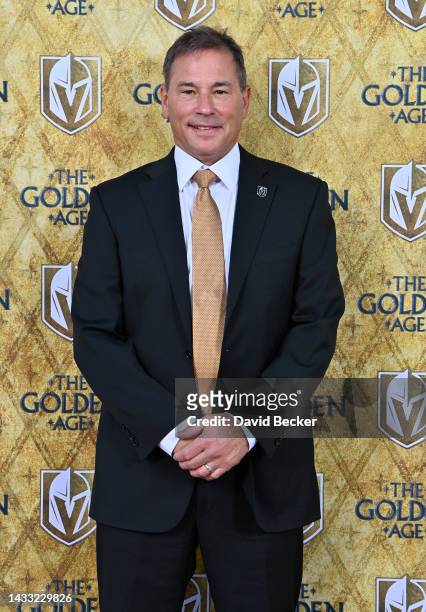October 13: Vegas Golden Knights head coach Bruce Cassidy poses for a photo as he arrives prior to a game against the Chicago Blackhawks at T-Mobile...