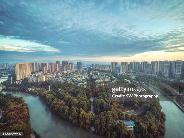 drone photo of the urban landscape in chengdu - chengdu stock pictures, royalty-free photos & images