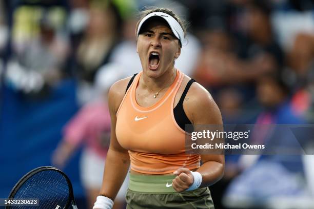 Bianca Andreescu of Canada reacts during her match against Coco Gauff of the United States during Day 4 of the San Diego Open, part of the Hologic...