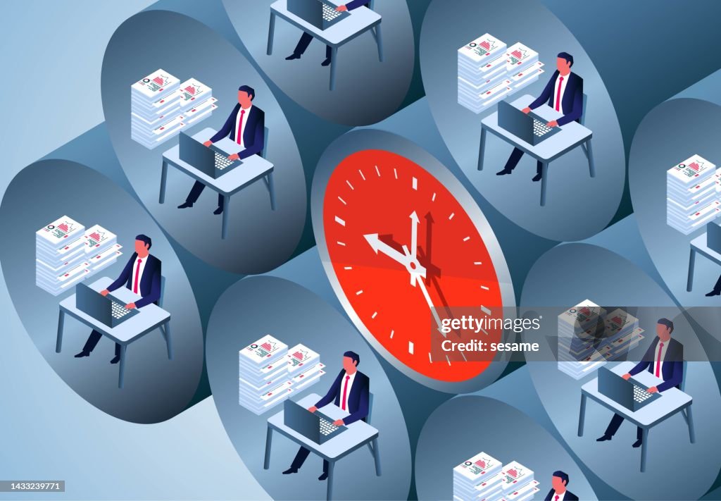 Isometric businessmen are busy working inside a closed hive space, time control and management, completing projects within deadlines, efficiency and urgency