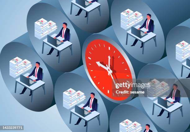 isometric businessmen are busy working inside a closed hive space, time control and management, completing projects within deadlines, efficiency and urgency - clock face stock illustrations