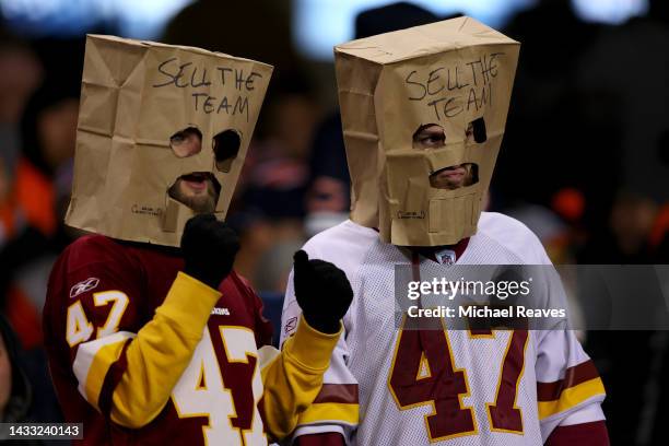 Washington Commanders fans look on during the second quarter against the Chicago Bears at Soldier Field on October 13, 2022 in Chicago, Illinois.