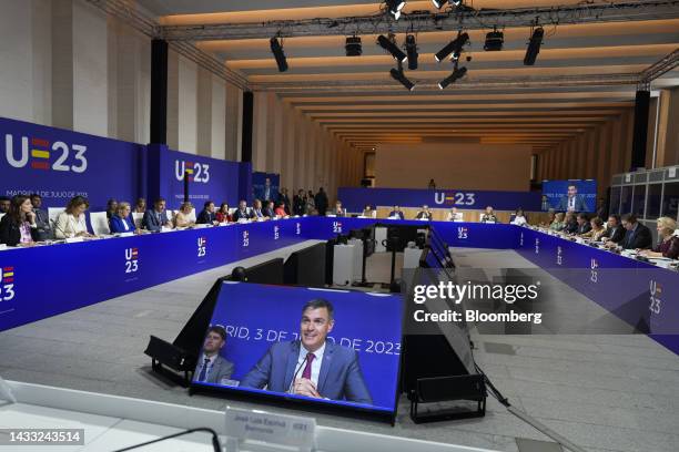 Pedro Sanchez, Spain's prime minister, addresses delegates at a plenary session of European Commissioners in Madrid, Spain, on Monday, July 3, 2023....