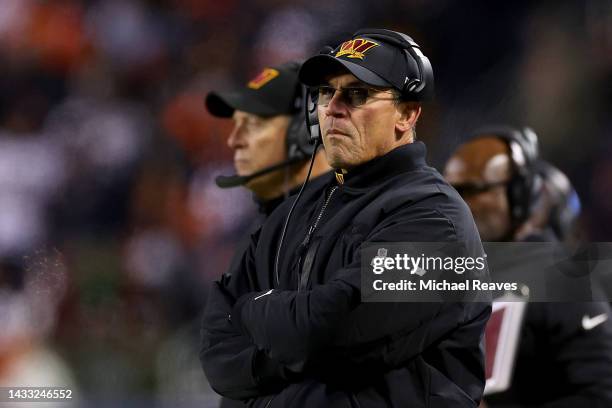 Head coach Ron Rivera of the Washington Commanders looks on during the second quarter against the Chicago Bears at Soldier Field on October 13, 2022...