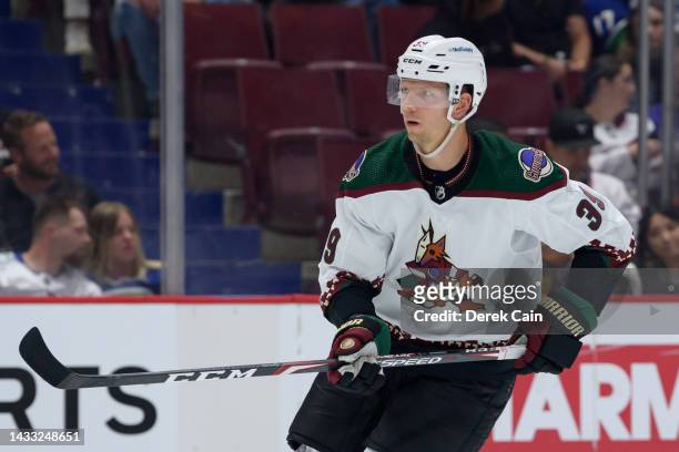 Alex Chiasson of the Arizona Coyotes skates up ice during their preseason NHL game against the Vancouver Canucks at Rogers Arena October 7, 2022 in...