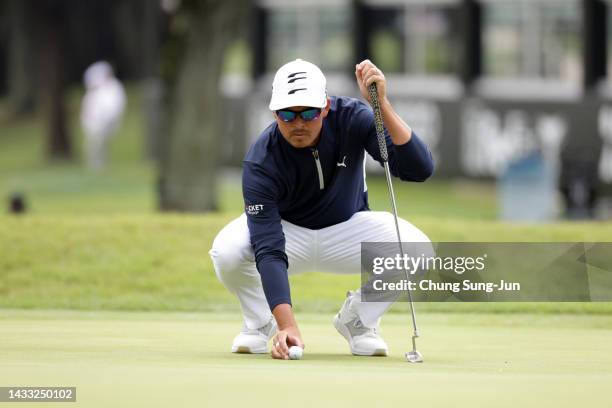 Rickie Fowler of the United States lines up a putt on the 11th green during the second round of the ZOZO Championship at Accordia Golf Narashino...