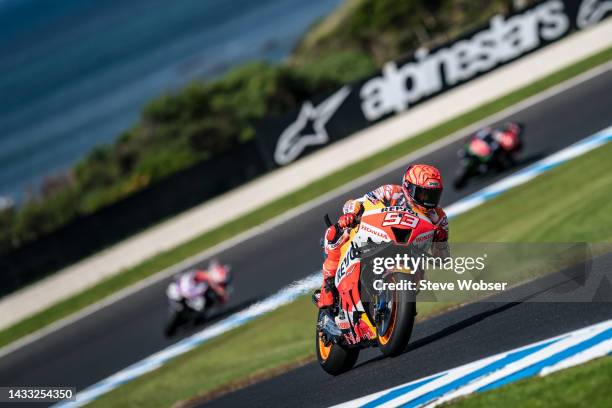 Marc Marquez of Spain and Repsol Honda Team rides during the free practice session of the MotoGP of Australia during free practice for the MotoGP of...