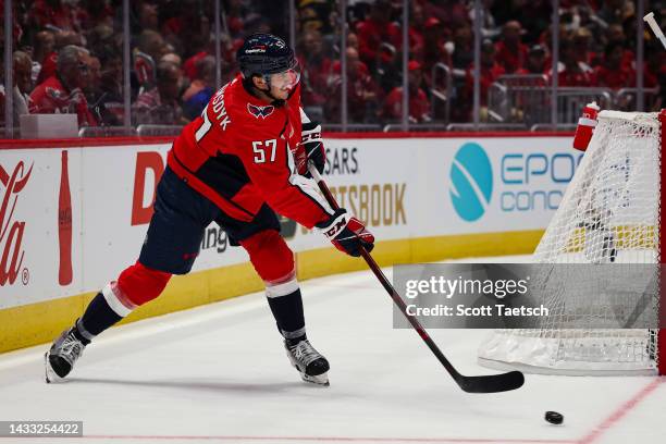 Trevor van Riemsdyk of the Washington Capitals passes the puck against the Boston Bruins during the first period of the game at Capital One Arena on...