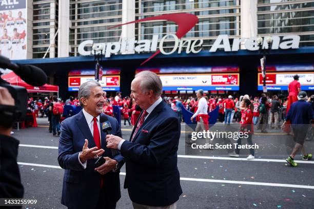 Owner Ted Leonsis of the Washington Capitals speaks with broadcaster Al Koken outside the arena before the opening night game against the Boston...