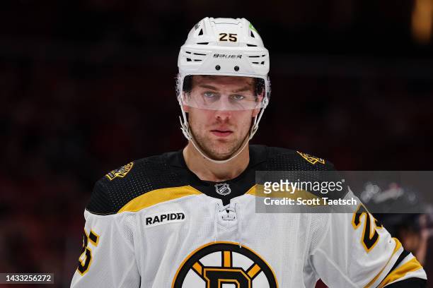 Brandon Carlo of the Boston Bruins looks on against the Washington Capitals during the second period of the game at Capital One Arena on October 12,...