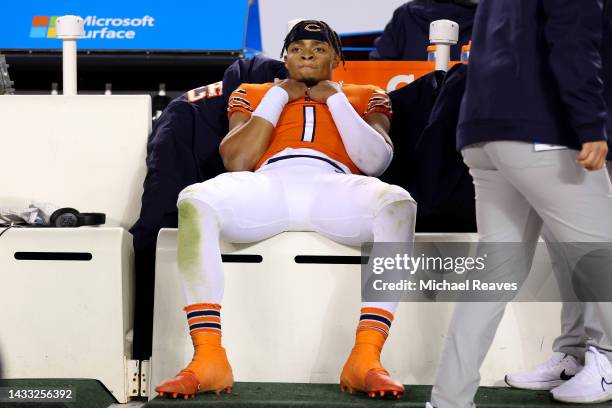 Justin Fields of the Chicago Bears reacts after losing to the Washington Commanders 12-7 at Soldier Field on October 13, 2022 in Chicago, Illinois.
