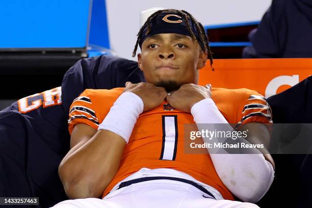 Justin Fields of the Chicago Bears reacts after losing to the Washington Commanders 12-7 at Soldier Field on October 13, 2022 in Chicago, Illinois.