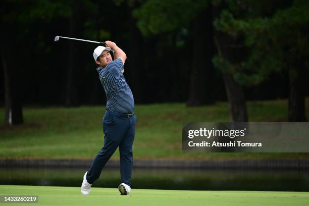 John Huh of the United States hits his second shot on the 4th hole during the second round of the ZOZO Championship at Accordia Golf Narashino...