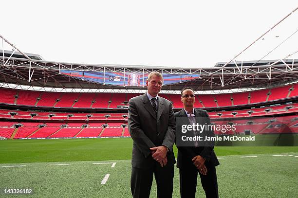 Team GB head coaches Stuart Pearce and Hope Powell attend the Official Draw for the London 2012 Olympic Football Tournament at Wembley Stadium on...