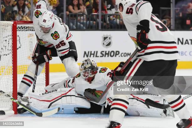 Alex Stalock of the Chicago Blackhawks makes a save during the second period against the Vegas Golden Knights at T-Mobile Arena on October 13, 2022...