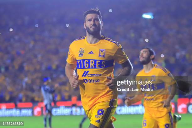 Andre-Pierre Gignac of Tigres celebrates after scoring his team's first goal during the quarterfinals first leg match between Tigres UANL and Pachuca...