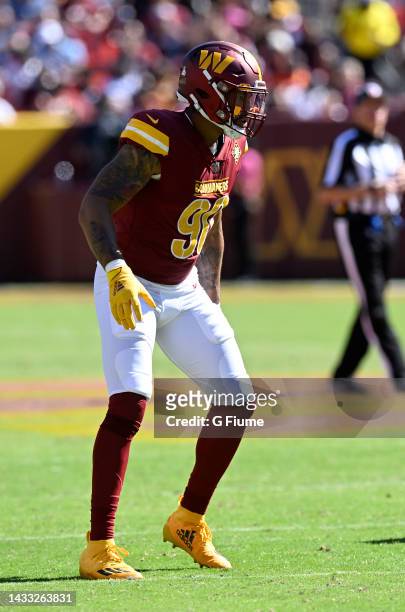Montez Sweat of the Washington Commanders lines up against the Tennessee Titans at FedExField on October 09, 2022 in Landover, Maryland.