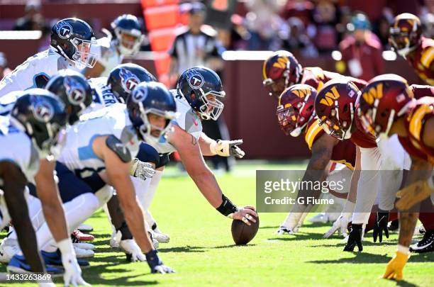 The Tennessee Titans and the Washington Commanders get set at FedExField on October 09, 2022 in Landover, Maryland.