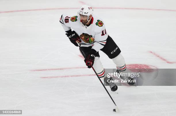 Jujhar Khaira of the Chicago Blackhawks skates during the third period against the Vegas Golden Knights at T-Mobile Arena on October 13, 2022 in Las...