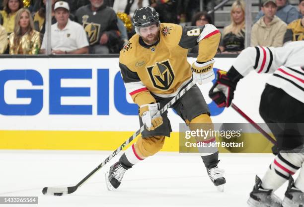 Phil Kessel of the Vegas Golden Knights skates during the third period against the Chicago Blackhawks at T-Mobile Arena on October 13, 2022 in Las...