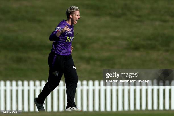 Elyse Villani of the Hurricanes celebrates after taking the wicket of Tammy Beaumont of the Thunder during the Women's Big Bash League match between...