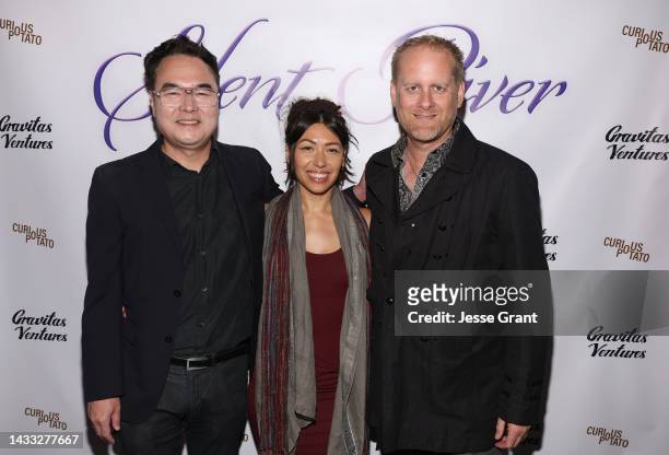 Chris Chan Lee, Lisa Fowle and Brian Ralston attend the "Silent River" Opening Night Theatrical Premiere at Laemmle Glendale on October 13, 2022 in...