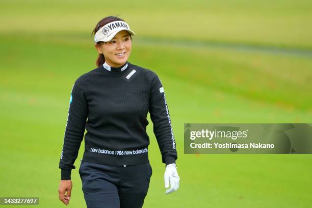 Chie Arimura of Japan walks on the 5th hole during the first round of the Fujitsu Ladies at Tokyu Seven Hundred Club on October 14, 2022 in Chiba,...