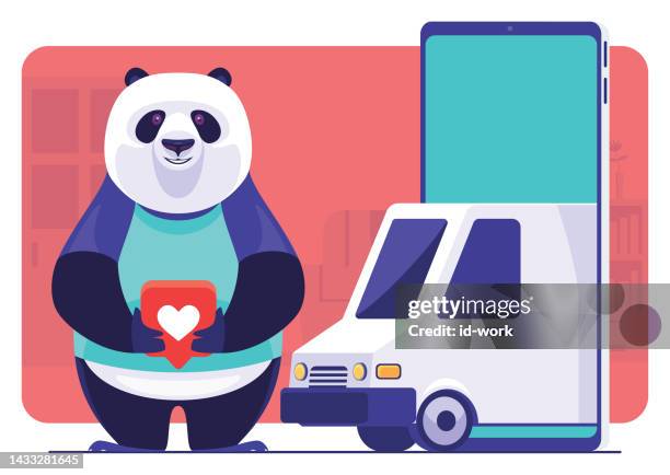 courier panda holding like icon and standing beside smartphone - essential services icons stock illustrations