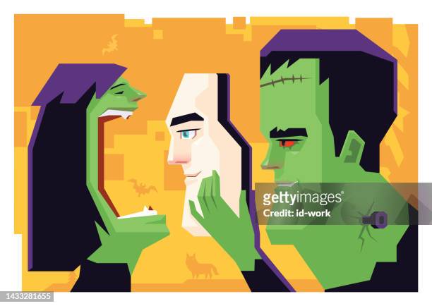 frankenstein holding face mask and meeting zombie woman - cover monster face stock illustrations