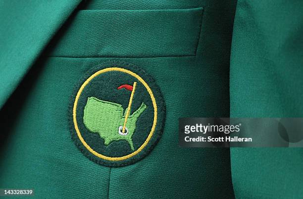 An ANGC member's green jacket is seen during a practice round prior to the start of The Masters at Augusta National Golf Club on April 3, 2012 in...