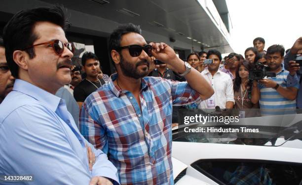 Bollwood actors Anil Kapoor and Ajay Devgn visit the Buddh International Formula 1 Circuit to promote their upcoming film 'Tezz' on April 23, 2012 in...