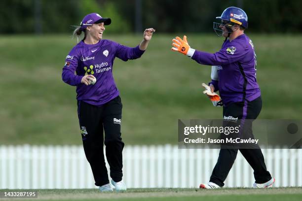 Mignon du Preez of the Hurricanes and Lizelle Lee of the Hurricanes celebrate victory during the Women's Big Bash League match between the Sydney...