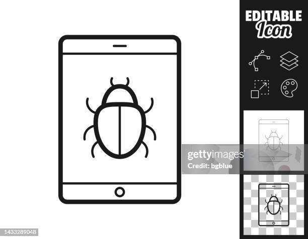 ilustrações, clipart, desenhos animados e ícones de tablet pc com bug. ícone para design. facilmente editável - computer bug